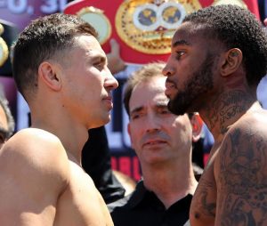 --- Photo Credit : Chris Farina - K2 Promotions April 22, 2016 , Los Angeles, Ca. --- Boxing Superstar and Unified World Middleweight Champion Gennady "GGG" Golovkin, 34-0 (31KO’s) and Undefeated Mandatory Challenger Dominic Wade, 18-0 (12KO’s) weigh in Friday in Los Angeles, California. Boxing Superstar and Undefeated, Unified World Middleweight Champion Gennady, “GGG” Golovkin, 34-0 (31KO’s) will defend his titles (WBA, IBF, IBO and WBC “Interim’) against Undefeated Mandatory Challenger Dominic Wade, 18-0 (12KO’s) on Saturday, April 23 at the Fabulous Forum in the main event at UNDEFEATED. Co-featured will be Consensus #1 Pound-For-Pound Fighter and WBC Flyweight World Champion Roman “Chocolatito” Gonzalez, 44-0 (38KO’s) battling World Ranked Contender McWilliams Arroyo, 16-2 (14KO’s) of Puerto Rico. Both bouts will be televised Live on HBO World Championship Boxing® beginning at 10:00 p.m. ET/7:00 p.m. PT. Tickets for UNDEFEATED, priced at $400, $300, $200, $100, $60 and $30, are now on sale through Ticketmaster (Ticketmaster.com, 1-800-745-3000) and the Forum Box Office. Golovkin vs. Wade is promoted by K2 Promotions, GGG Promotions and in association with TGB Promotions. Gonzalez vs. McWilliams is presented by K2 Promotions in association with Teiken Promotions and PR Best Boxing Promotions.