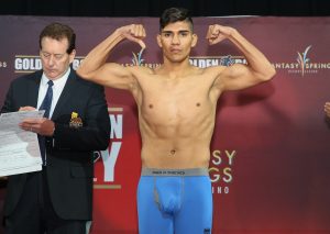 INDIO, CA - JULY 29: "Relentless" Antonio Orozco steps on the scale to weigh in for his July 30, 2016 fight against Abner Lopez (not shown) at the Fantasy Springs Resort Casino.  MANDATORY CREDIT: Ed Mulholland/HBO