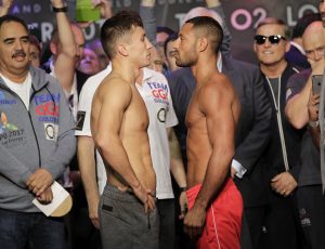 GOLOVKIN- BROOK WEIGH IN INDIGO 2,LONDON PIC;LAWRENCE LUSTIG WBC,IBF AND IBO MIDDLEWEIGHT TITLE GENNADY GOLOVKIN V KELL BROOK WEIGH IN FOR THEIR FIGHT AT LONDONS 02 ARENA ON SATURDAY(9 SEPT)